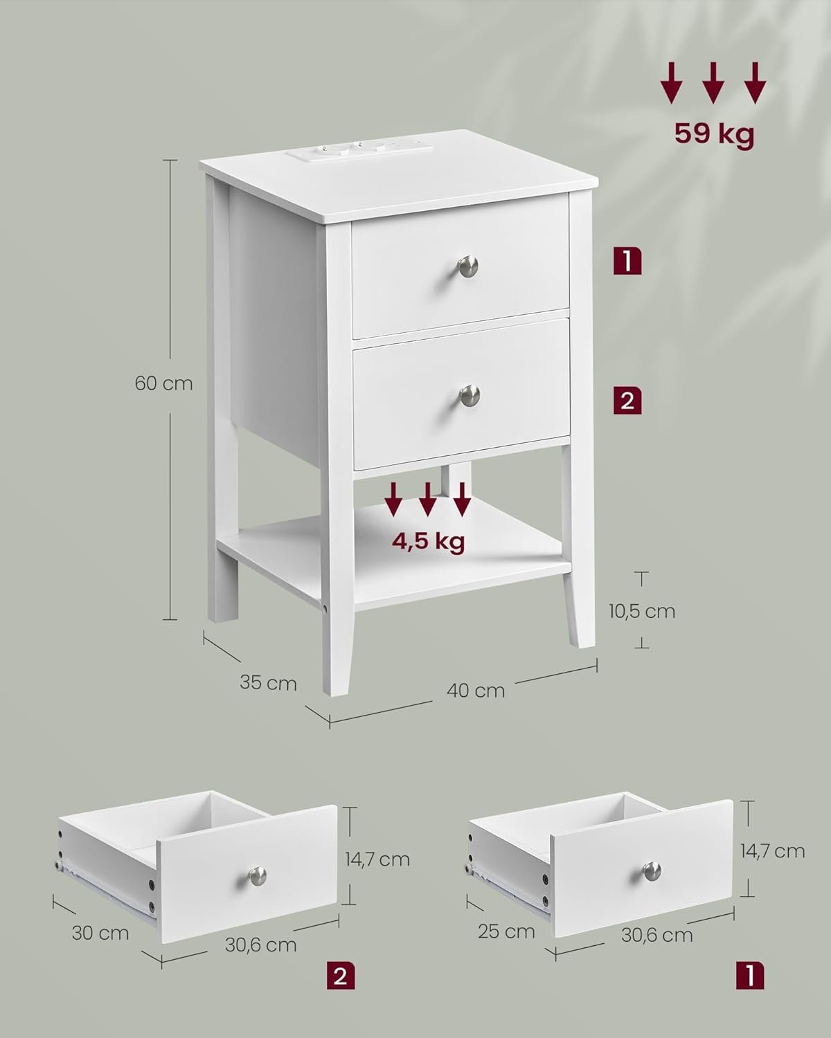 VASAGLE Noptiera din bambus, cu 2 sertare, 2 prize si 2 USB, 35x40x60 cm, alb 3 VASAGLE Noptiera din bambus, cu 2 sertare, 2 prize si 2 USB, 35x40x60 cm, alb - imagine 3