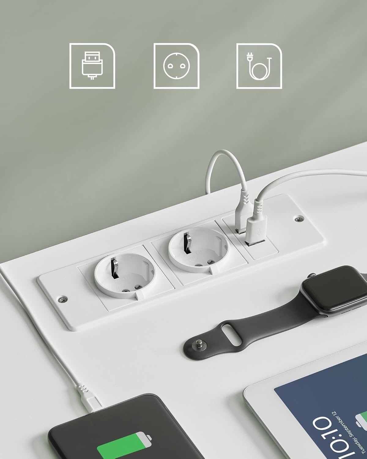 VASAGLE Noptiera din bambus, cu 2 sertare, 2 prize si 2 USB, 35x40x60 cm, alb 4 VASAGLE Noptiera din bambus, cu 2 sertare, 2 prize si 2 USB, 35x40x60 cm, alb - imagine 4