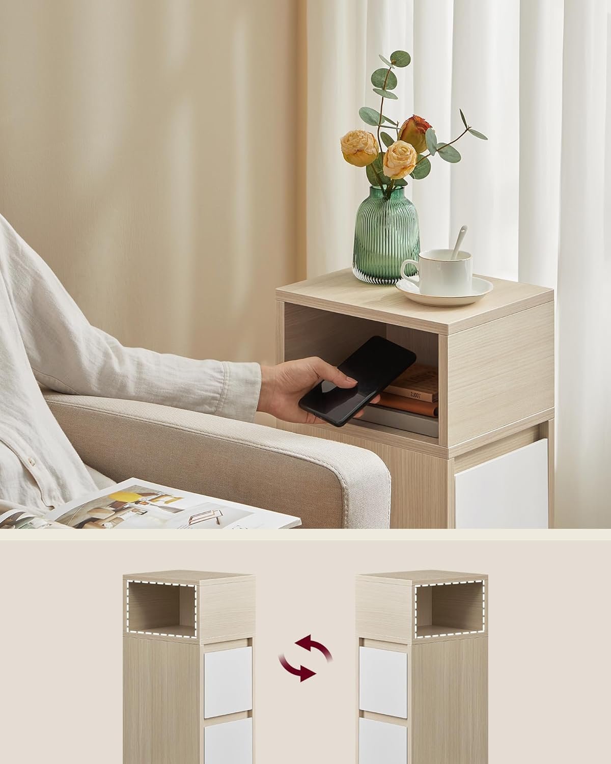 VASAGLE Noptiera ingusta cu 2 sertare, montaj stanga - dreapta, 30x25x65 cm, bej si alb 4 VASAGLE Noptiera ingusta cu 2 sertare, montaj stanga - dreapta, 30x25x65 cm, bej si alb - imagine 4