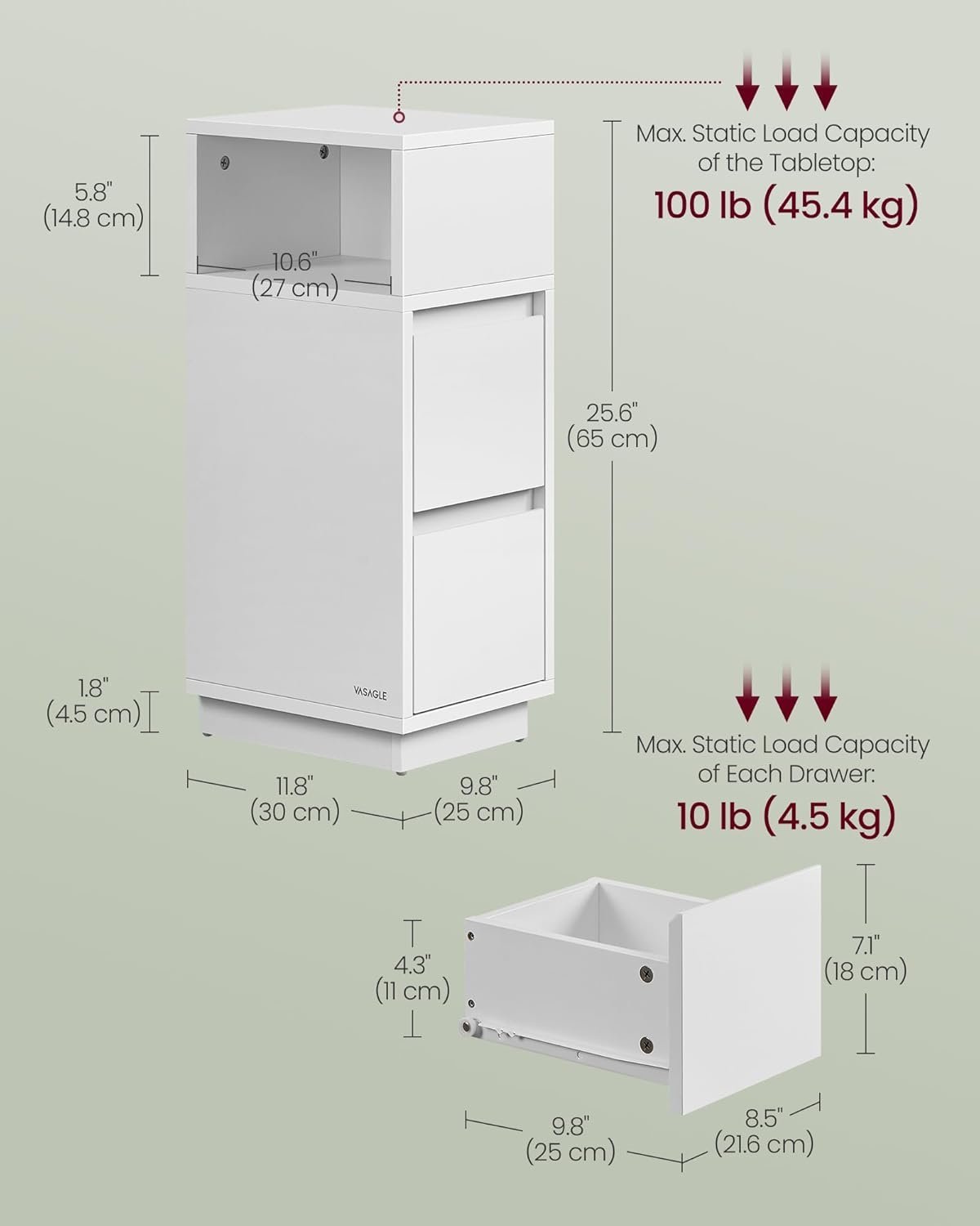 VASAGLE Noptiera ingusta cu 2 sertare, montaj stanga - dreapta, 30x25x65 cm, alb 3 VASAGLE Noptiera ingusta cu 2 sertare, montaj stanga - dreapta, 30x25x65 cm, alb - imagine 3