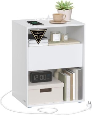 VASAGLE Noptiera cu sertar si statie de incarcare, 2 prize, 2 porturi USB, 45x35x58 cm, alb