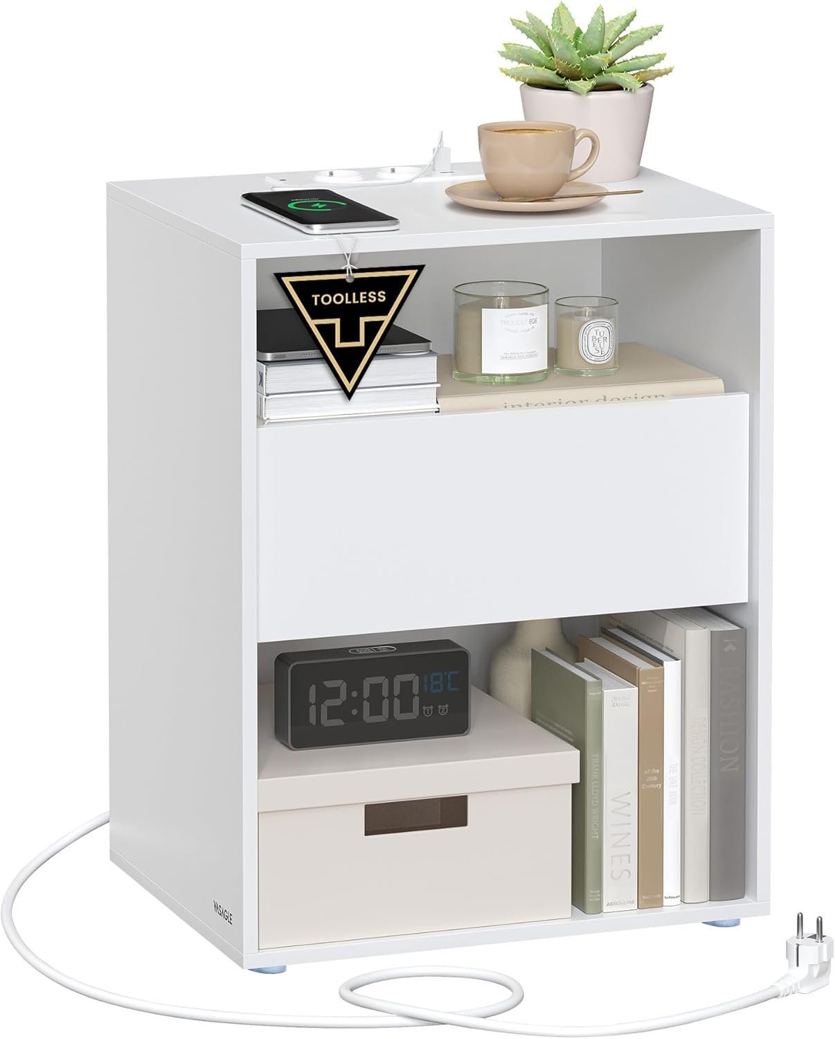 VASAGLE Noptiera cu sertar si statie de incarcare, 2 prize, 2 porturi USB, 45x35x58 cm, alb 1 VASAGLE Noptiera cu sertar si statie de incarcare, 2 prize, 2 porturi USB, 45x35x58 cm, alb