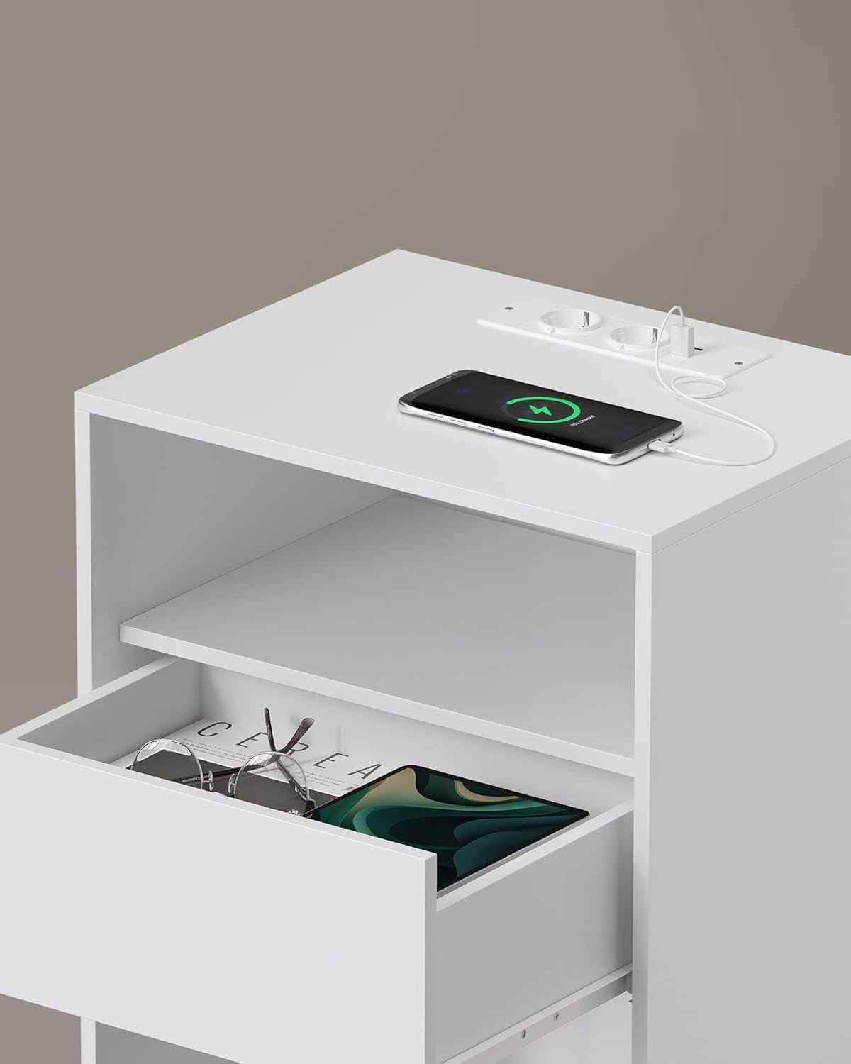 VASAGLE Noptiera cu sertar si statie de incarcare, 2 prize, 2 porturi USB, 45x35x58 cm, alb 3 VASAGLE Noptiera cu sertar si statie de incarcare, 2 prize, 2 porturi USB, 45x35x58 cm, alb - imagine 3