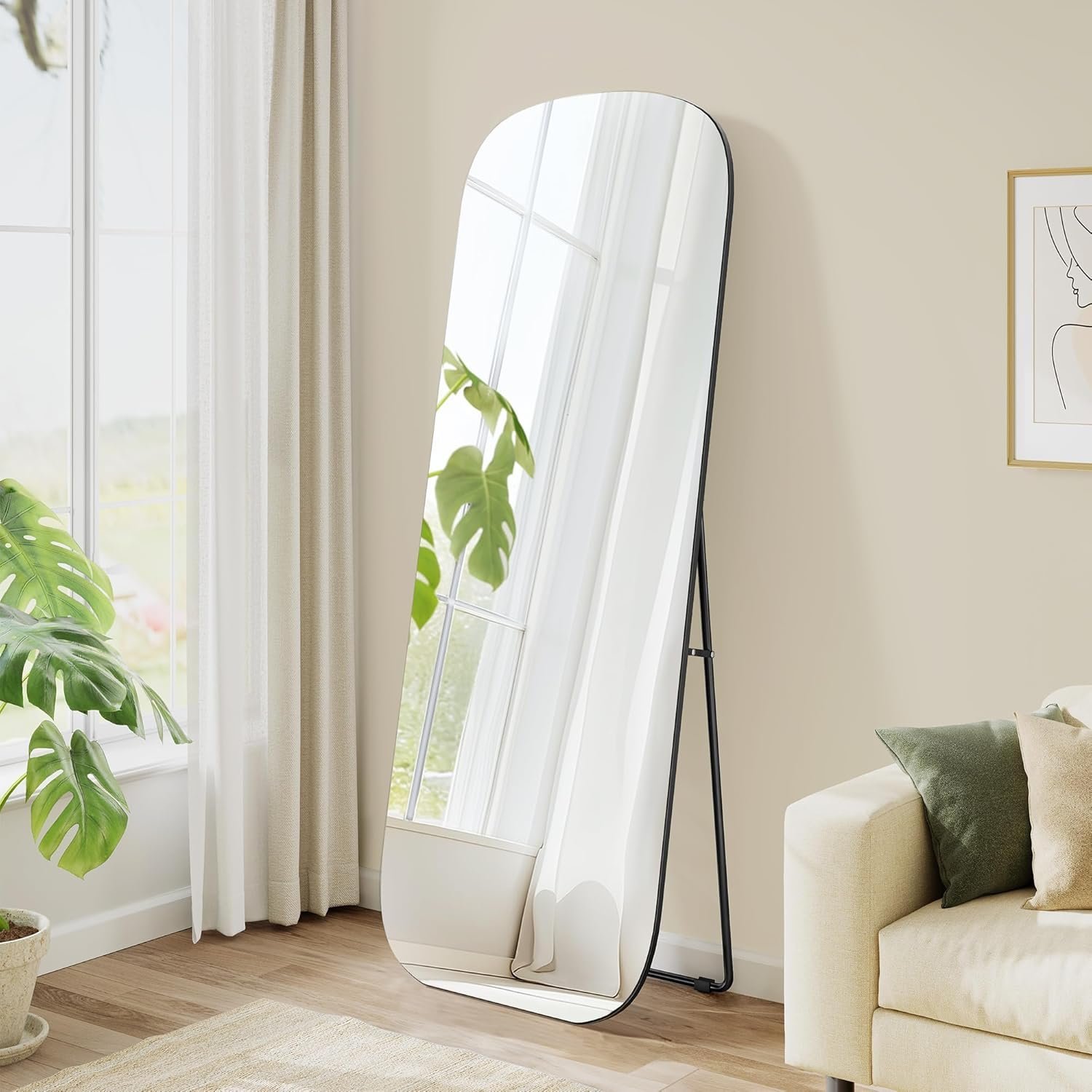 SONGMICS Oglinda podea cu colturi rotunjite, rama aluminiu, sticla securizata, 160×50 cm, negru