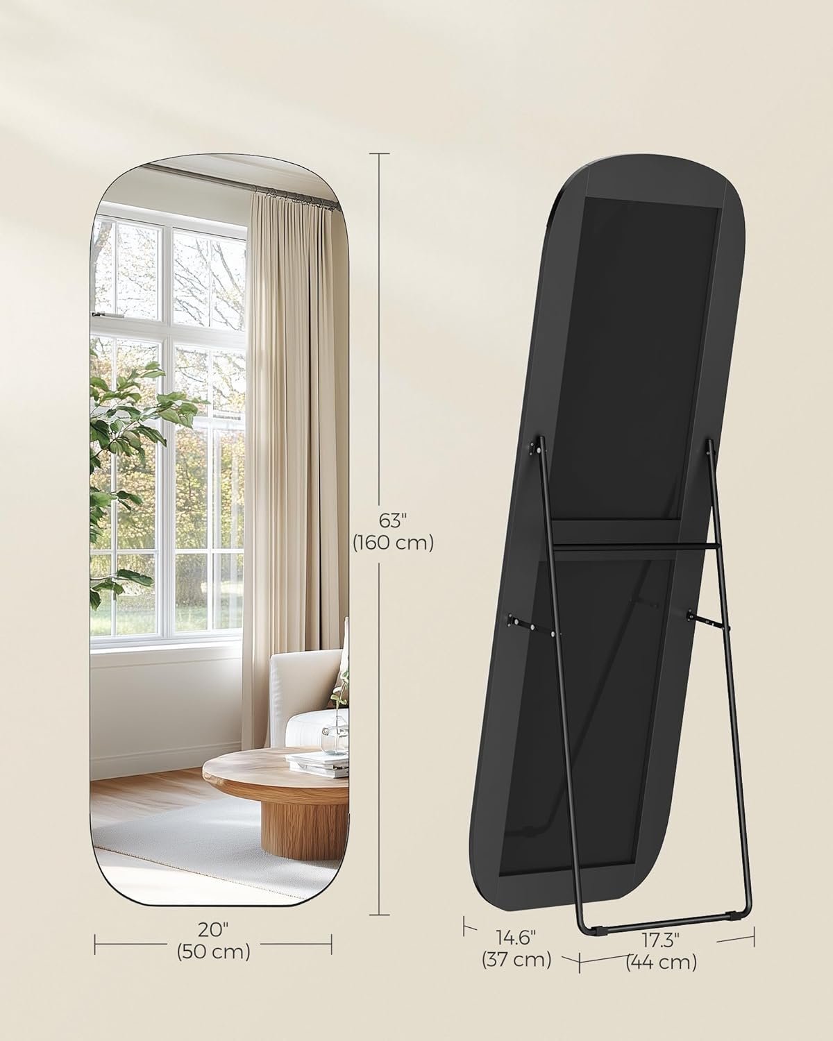 songmics oglinda podea cu colturi rotunjite, rama aluminiu, sticla securizata, 160x50 cm, negru 3 SONGMICS Oglinda podea cu colturi rotunjite, rama aluminiu, sticla securizata, 160x50 cm, negru - imagine 3