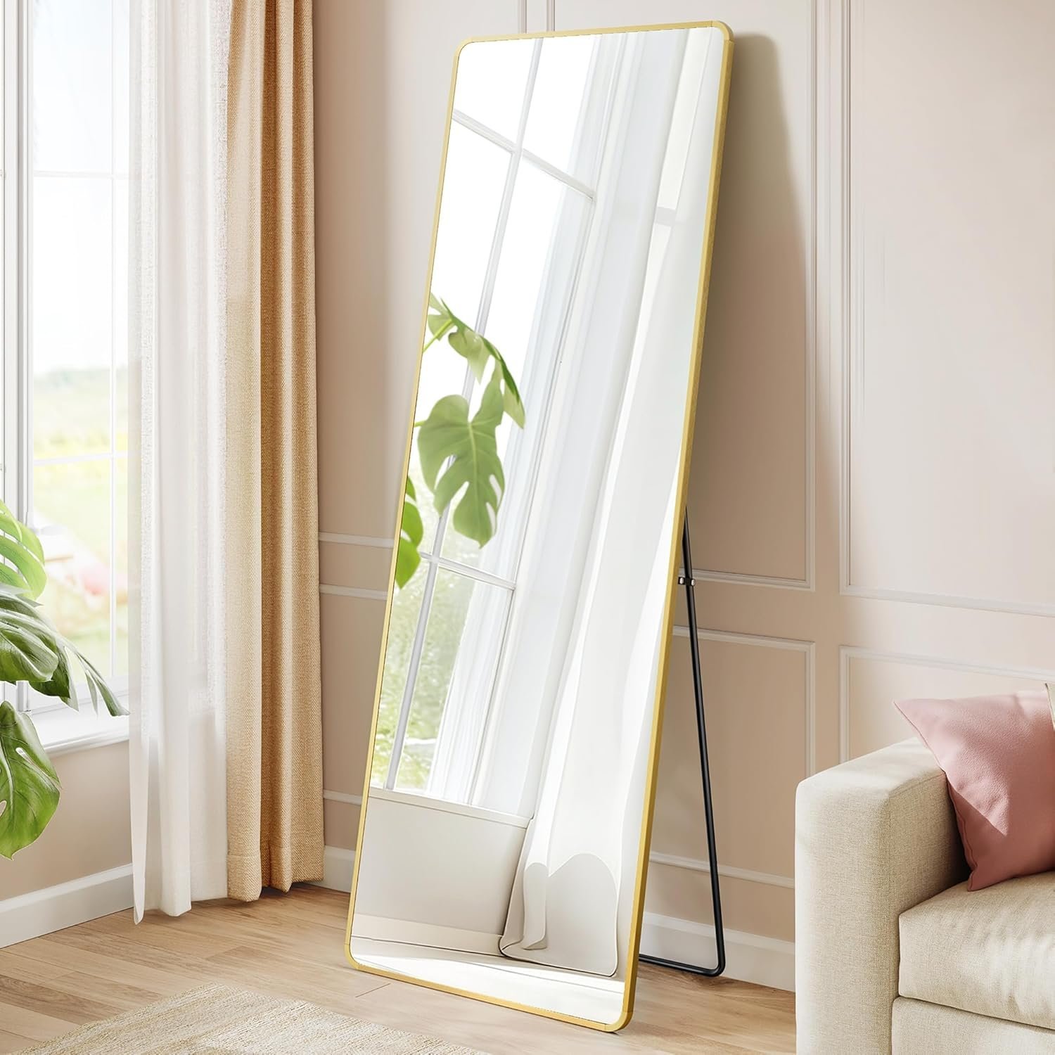 SONGMICS Oglinda podea 160×50 cm, sticla securizata, cadru aluminiu, auriu