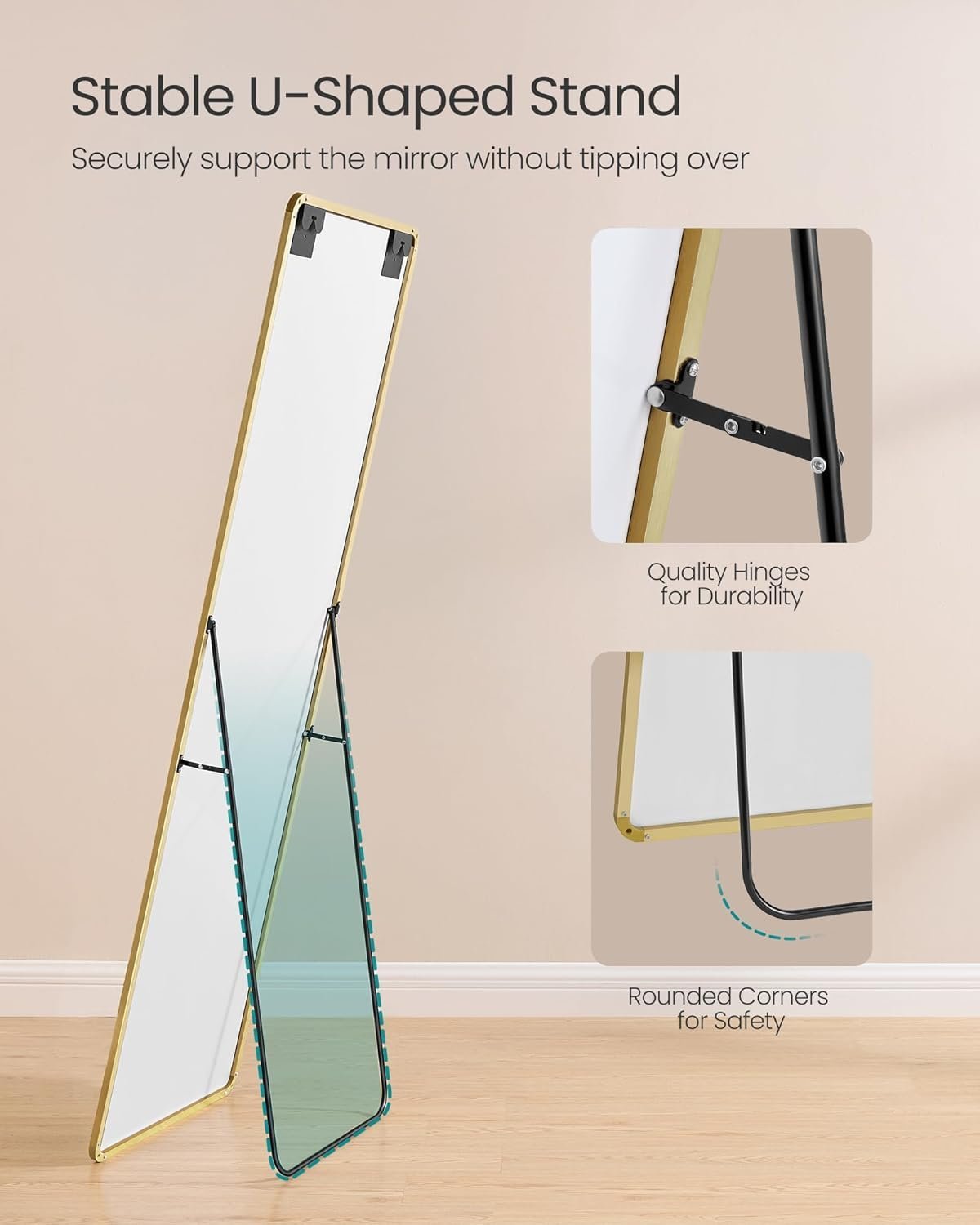 songmics oglinda podea 160x50 cm, sticla securizata, cadru aluminiu, auriu 2 SONGMICS Oglinda podea 160x50 cm, sticla securizata, cadru aluminiu, auriu - imagine 2