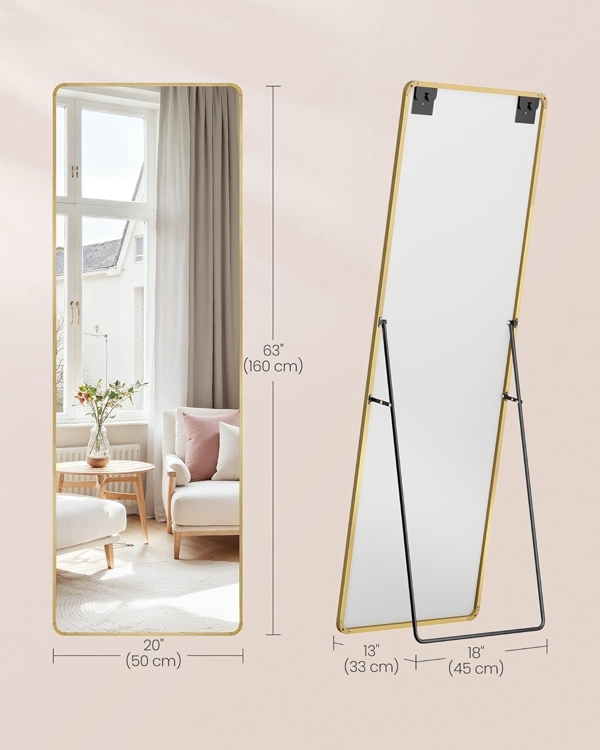 songmics oglinda podea 160x50 cm, sticla securizata, cadru aluminiu, auriu 4 SONGMICS Oglinda podea 160x50 cm, sticla securizata, cadru aluminiu, auriu - imagine 4