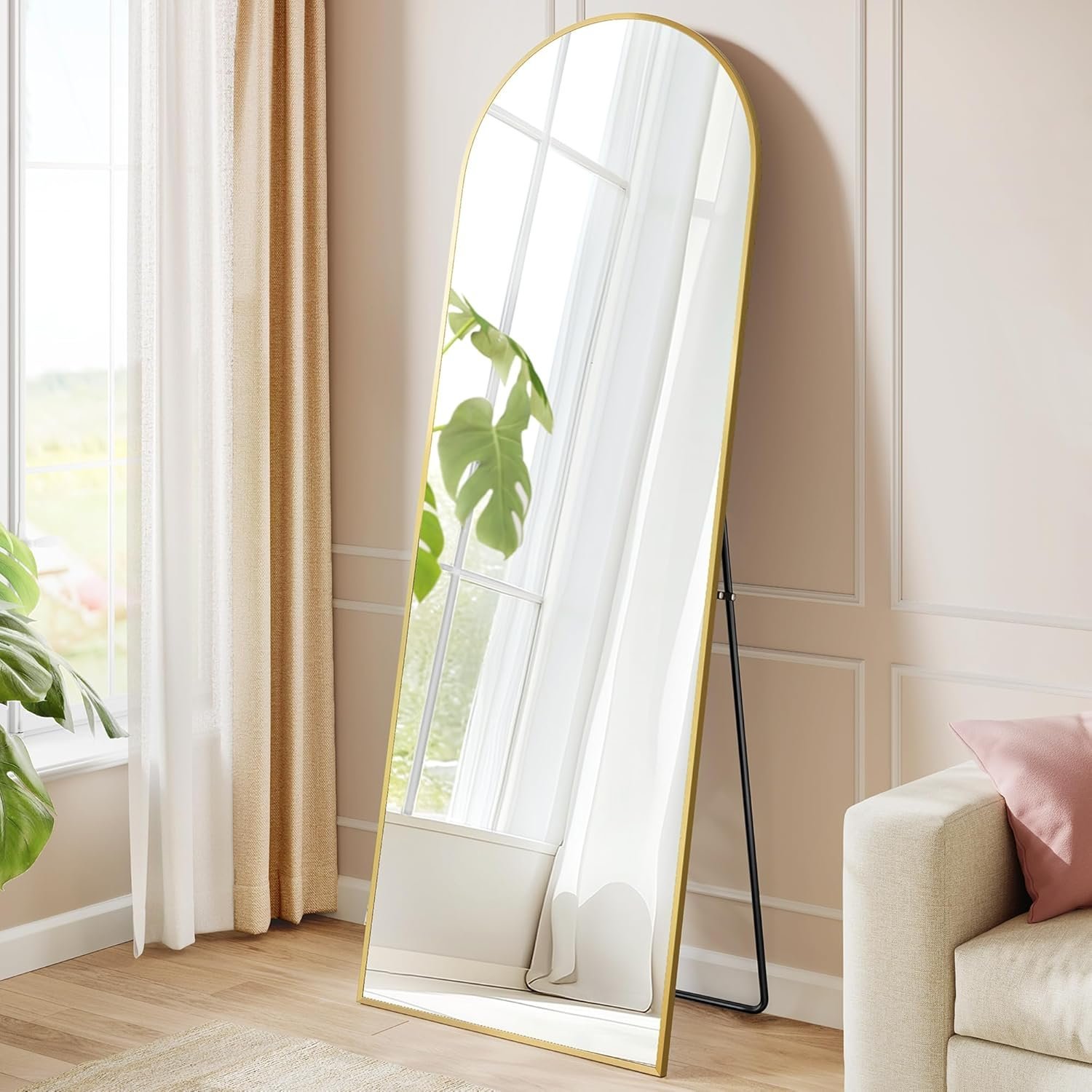 SONGMICS Oglinda podea, cu rama aluminiu si sticla securizata, design curbat, 160×50 cm, auriu