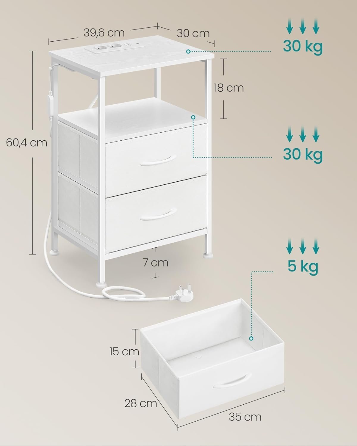 SONGMICS Noptiera cu statie de incarcare si iluminare LED, 2 sertare si raft deschis, control aplicatie, 40x35x60 cm, alb