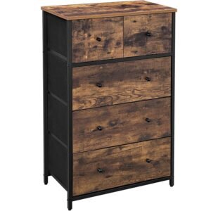 SONGMICS Comoda cu 5 sertare 56x30x89 cm, cadru metalic si blat MDF, manere lemn, maro rustic si negru