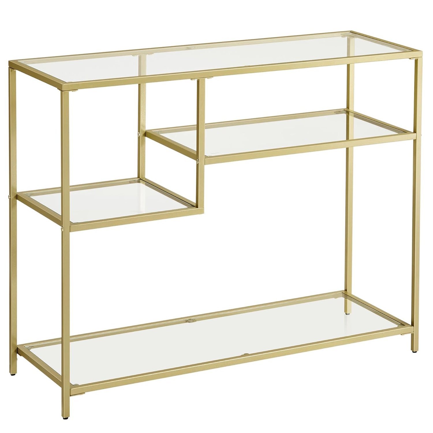 VASAGLE Masa de intrare, cu rafturi asimetrice, blat din sticla securizata, cadru metalic, 35x100x80cm, auriu