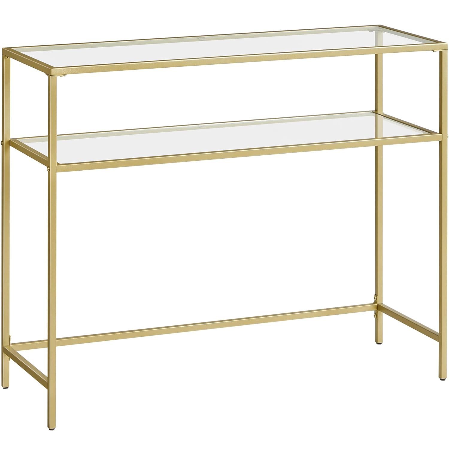 VASAGLE Masa de intrare, pe 2 nivele, blat din sticla securizata, cadru metalic, 35x100x80cm, auriu