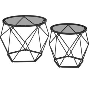 VASAGLE Set de 2 mese de cafea rotunde, cadru otel si blat detasabil din sticla, 40cm si 50cm, negru