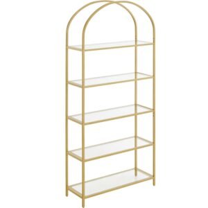 VASAGLE Raft cu trepte pentru dormitor, 5 etaje, din sticla securizata, cadru din otel cu arcada, 83x30x184cm, auriu