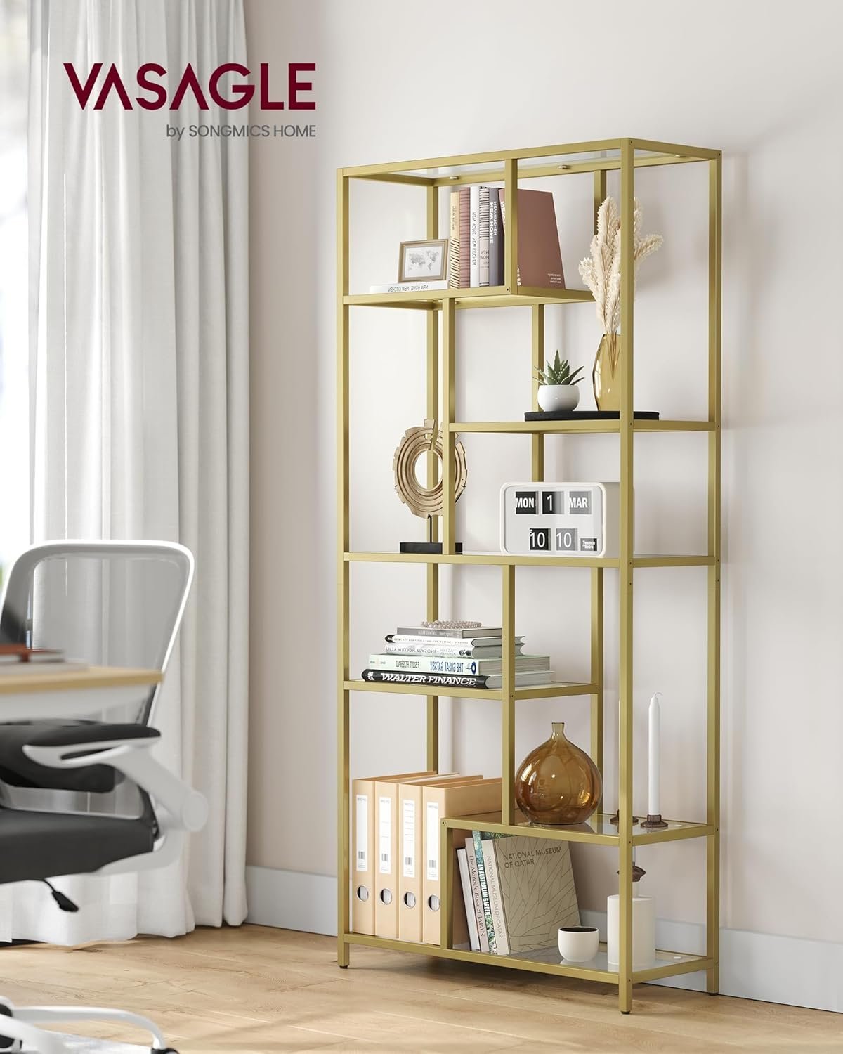 vasagle biblioteca cu 6 polite din sticla securizata si cadru din otel, 80x30x180 cm, auriu 2 VASAGLE Biblioteca cu 6 polite din sticla securizata si cadru din otel, 80x30x180 cm, auriu - imagine 2