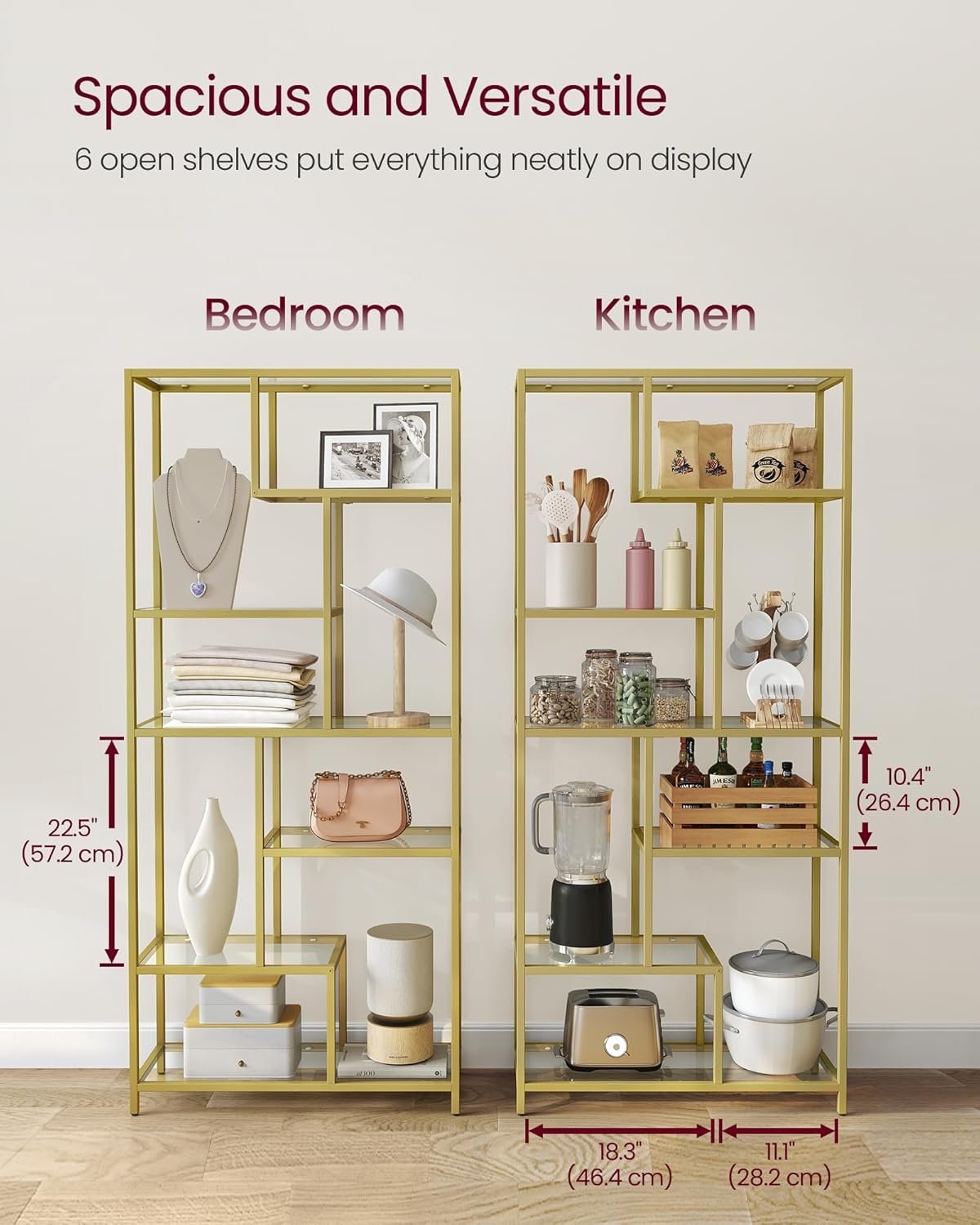 vasagle biblioteca cu 6 polite din sticla securizata si cadru din otel, 80x30x180 cm, auriu 3 VASAGLE Biblioteca cu 6 polite din sticla securizata si cadru din otel, 80x30x180 cm, auriu - imagine 3