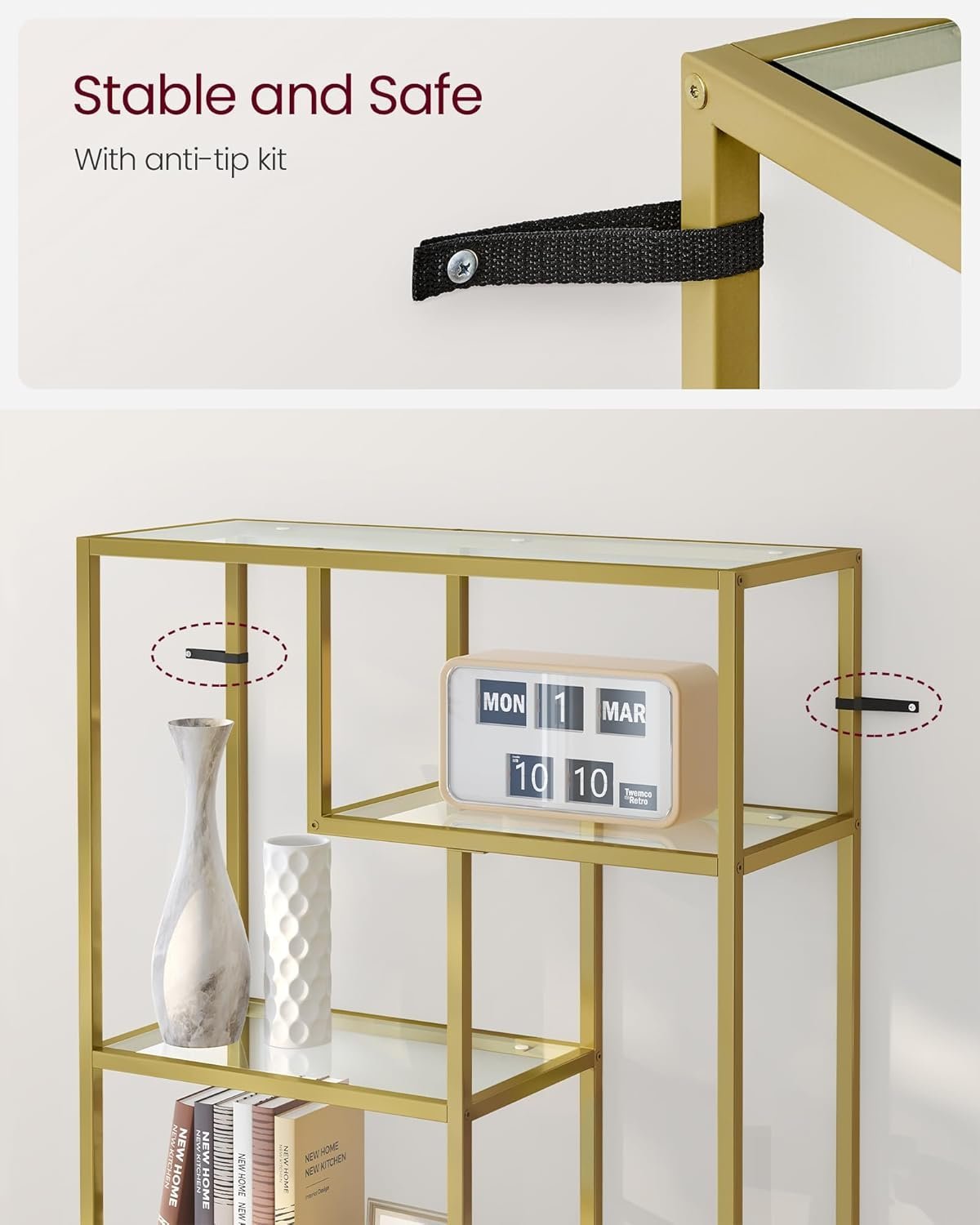 vasagle biblioteca cu 6 polite din sticla securizata si cadru din otel, 80x30x180 cm, auriu 4 VASAGLE Biblioteca cu 6 polite din sticla securizata si cadru din otel, 80x30x180 cm, auriu - imagine 4