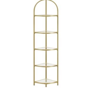 VASAGLE Raft de colt cu trepte pentru dormior, 5 etaje, din sticla securizata, cadru din otel, 28x28x158cm, auriu