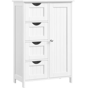 VASAGLE Dulap de depozitare pe podea pentru baie, din lemn, cu 4 sertare, 1 usa, rafturi reglabile, 30x55x82cm, alb