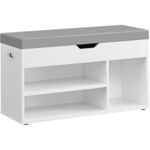 VASAGLE Pantofar cu banca, capitonata, 3 compartimente, sarcina 150 kg, 30x80x44 cm, modern, alb