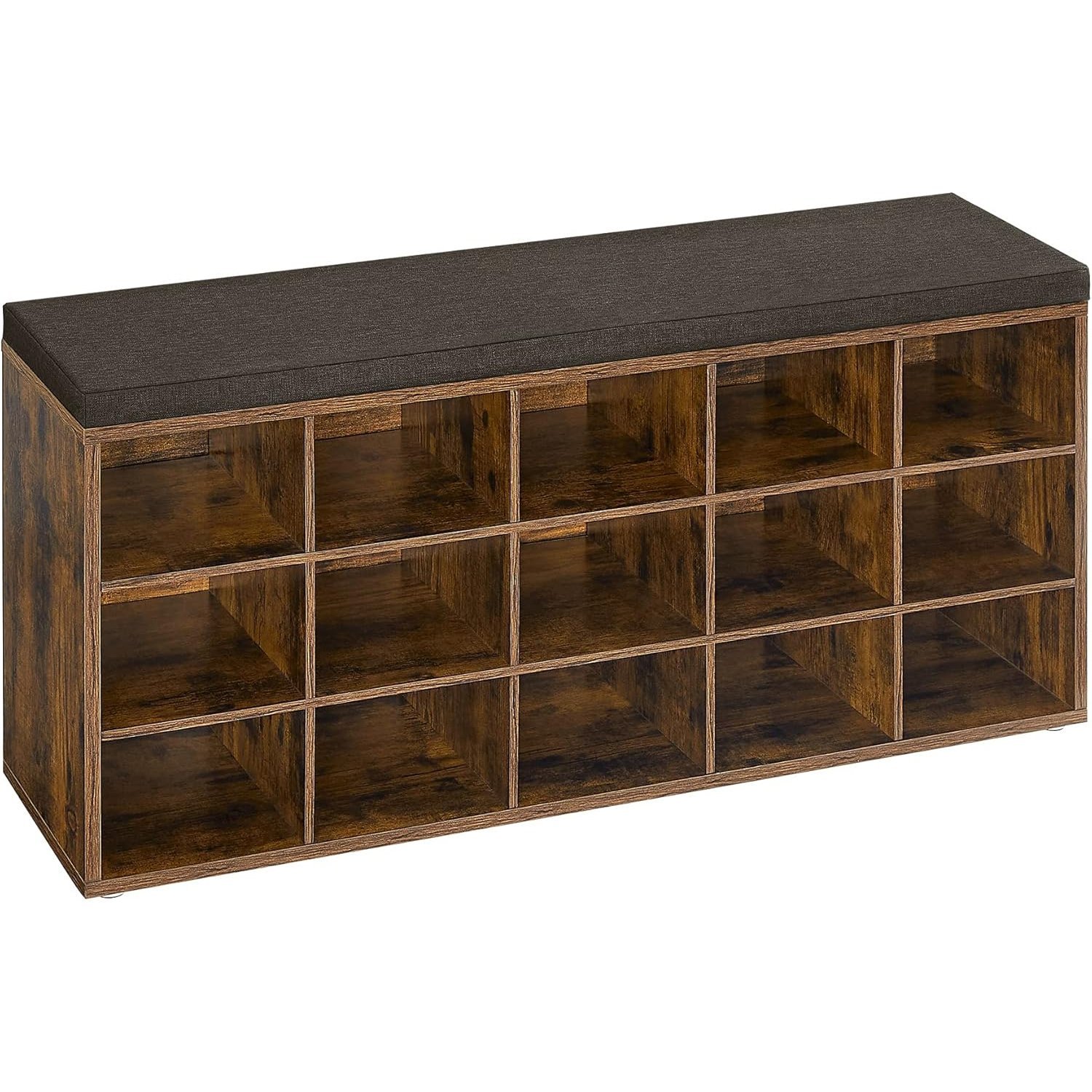 VASAGLE Banca pentru hol cu suport pentru pantofi, 15 compartimente, cu perna, 30x105x48cm, maro rustic
