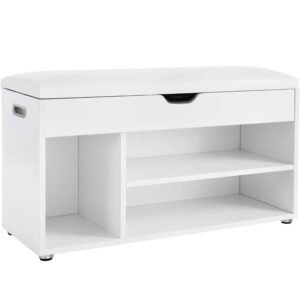 VASAGLE Pantofar cu banca, capitonata, 3 compartimente, sarcina 150 kg, 30x80x44cm, modern, alb