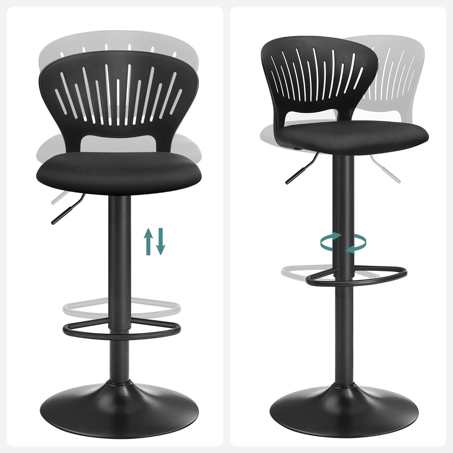 songmics set 2 scaune de bar captusite, reglabile, cu spatar si suport pentru picioare, rotatie la 360, 39x42x107cm, negru 3 SONGMICS Set 2 scaune de bar captusite, reglabile, cu spatar si suport pentru picioare, rotatie la 360, 39x42x107cm, negru - imagine 3
