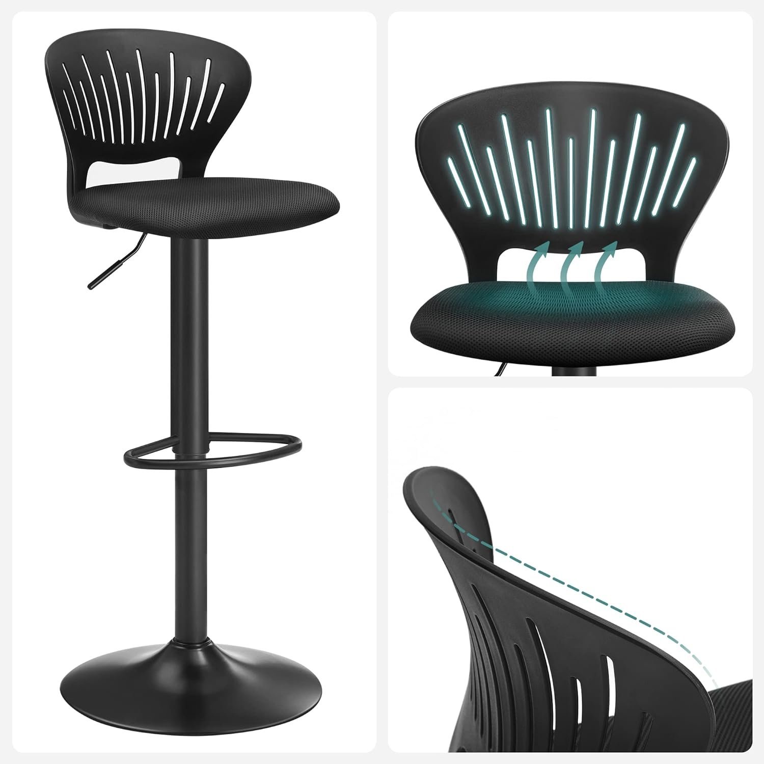 songmics set 2 scaune de bar captusite, reglabile, cu spatar si suport pentru picioare, rotatie la 360, 39x42x107cm, negru 4 SONGMICS Set 2 scaune de bar captusite, reglabile, cu spatar si suport pentru picioare, rotatie la 360, 39x42x107cm, negru - imagine 4