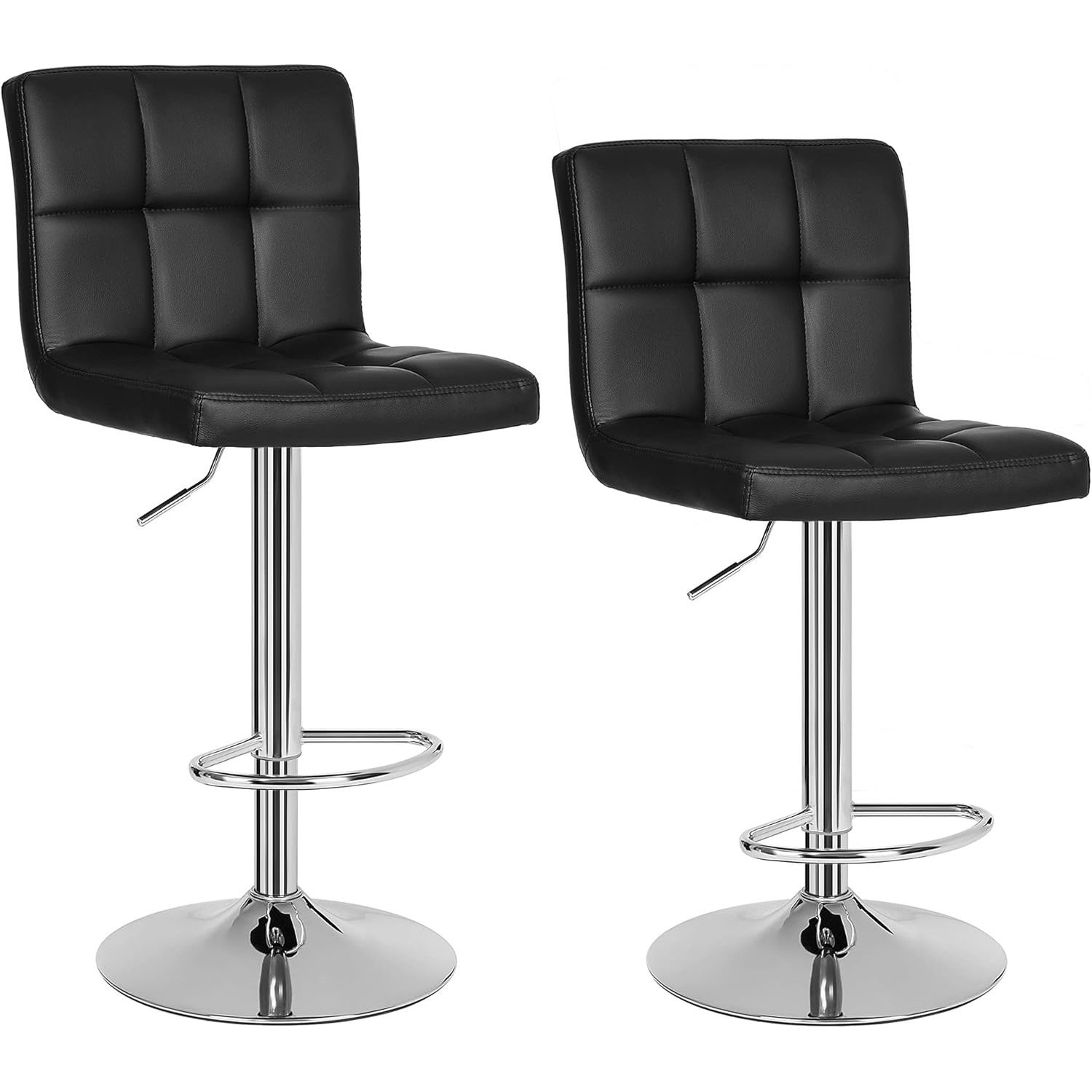 SONGMICS Set 2 scaune bar reglabile pe inaltime, cu spatar, sezut PU si suport picioare, rotatie 360°, 38x45x115 cm, negru
