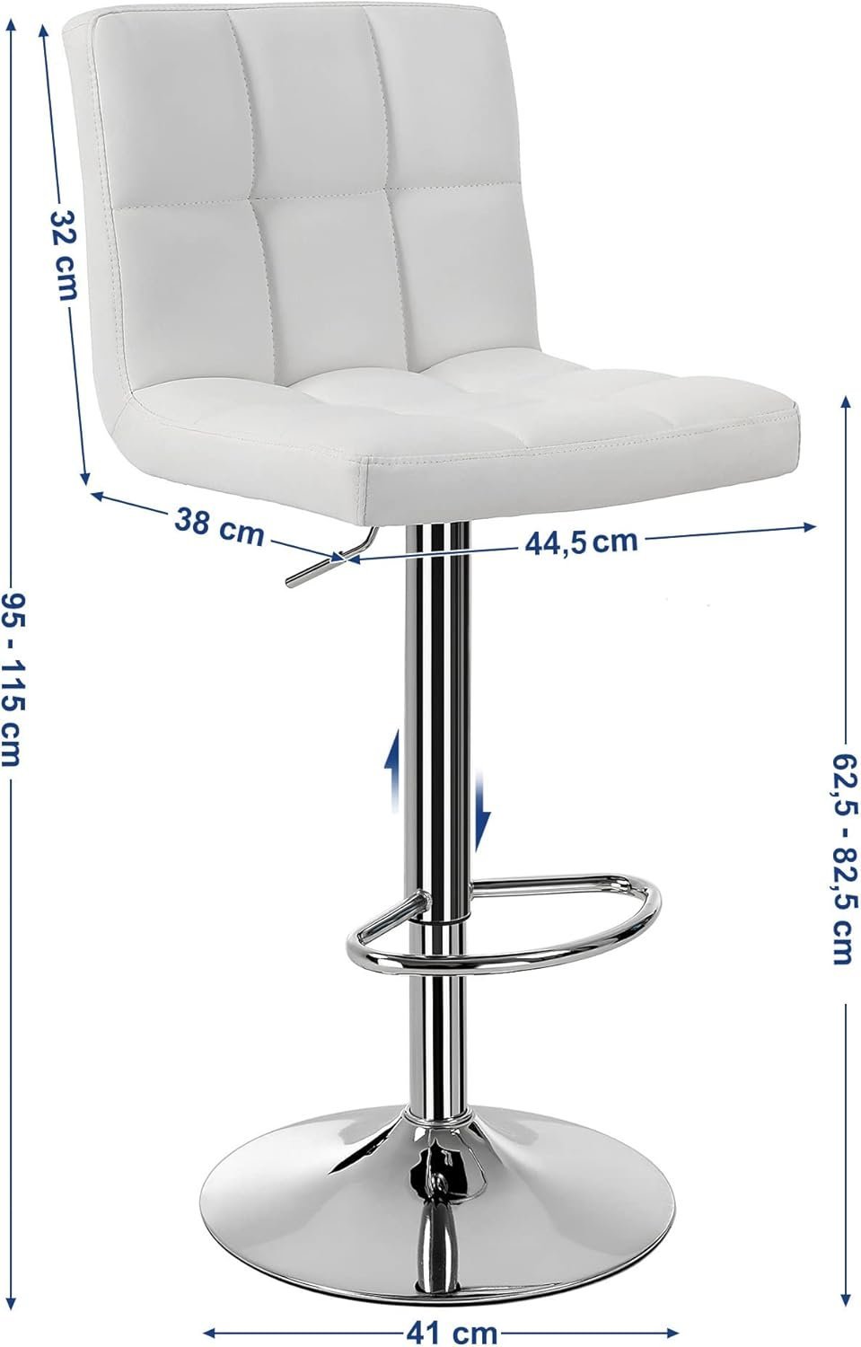 songmics set 2 scaune bar reglabile pe inaltime, cu spatar, sezut pu si suport picioare, rotatie 360°, 38x45x115 cm, alb 2 SONGMICS Set 2 scaune bar reglabile pe inaltime, cu spatar, sezut PU si suport picioare, rotatie 360°, 38x45x115 cm, alb - imagine 2