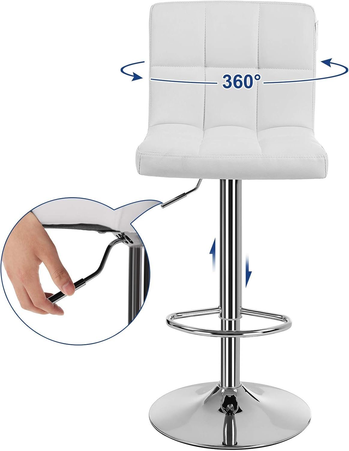 songmics set 2 scaune bar reglabile pe inaltime, cu spatar, sezut pu si suport picioare, rotatie 360°, 38x45x115 cm, alb 3 SONGMICS Set 2 scaune bar reglabile pe inaltime, cu spatar, sezut PU si suport picioare, rotatie 360°, 38x45x115 cm, alb - imagine 3