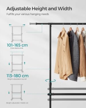 SONGMICS Suport haine cu doua bare, roti blocabile, inaltime reglabila, cadru metalic, 101x49x113-180 cm, negru