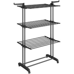 SONGMICS Uscator rufe pliabil cu roti, cu 4 niveluri, din inox si plastic, 2 umerase, 128x64x173 cm, negru