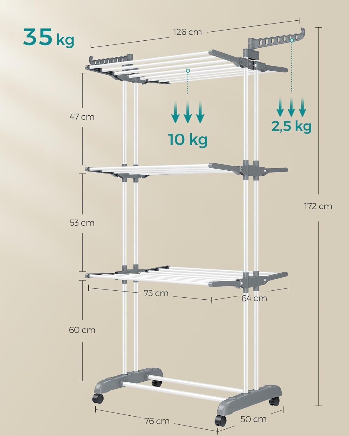 SONGMICS Uscator de rufe pliabil 4 niveluri, cu aripi laterale si roti, otel inoxidabil, 126x64x172 cm, alb 2 SONGMICS Uscator de rufe pliabil 4 niveluri, cu aripi laterale si roti, otel inoxidabil, 126x64x172 cm, alb - imagine 2