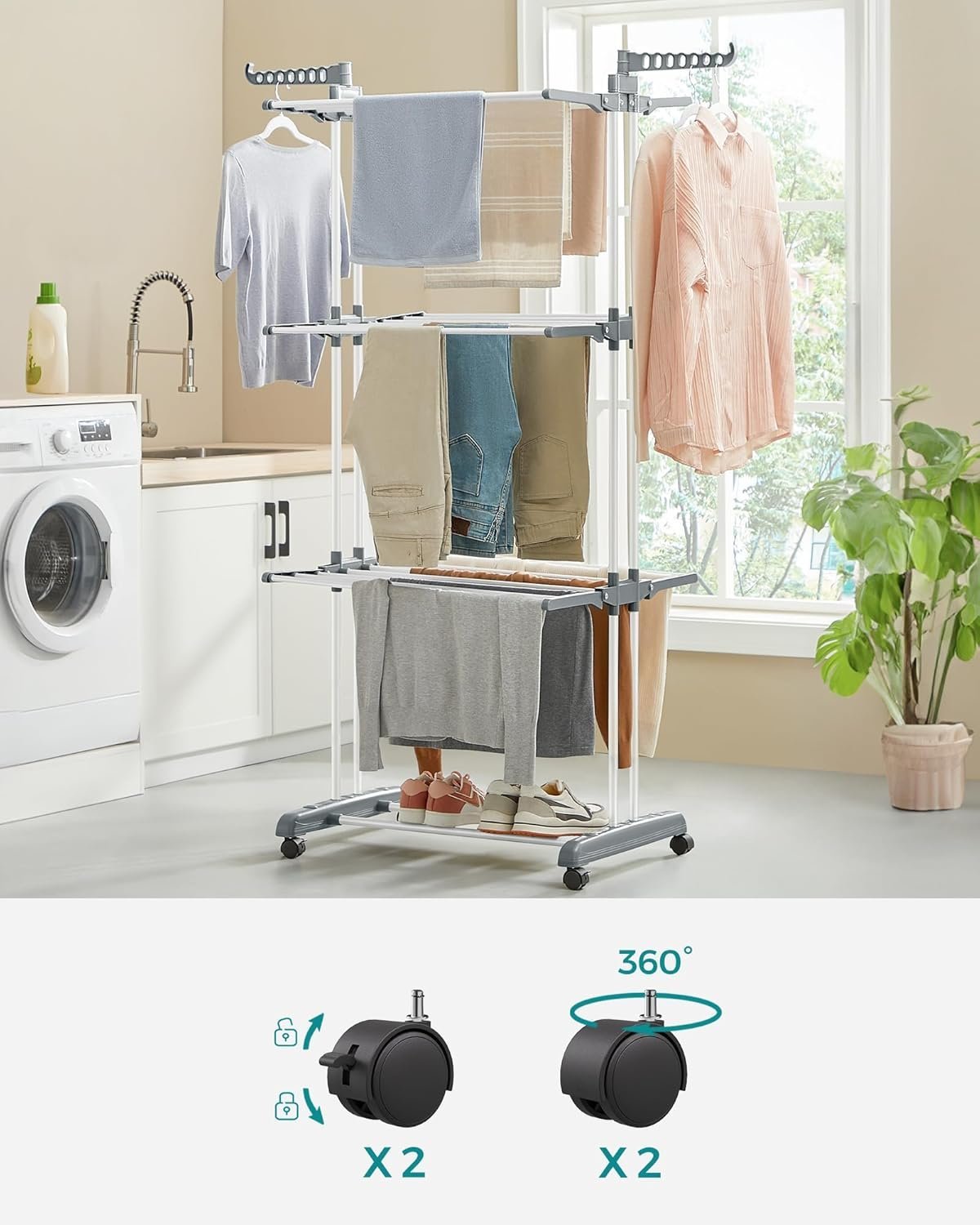 SONGMICS Uscator de rufe pliabil 4 niveluri, cu aripi laterale si roti, otel inoxidabil, 126x64x172 cm, alb 3 SONGMICS Uscator de rufe pliabil 4 niveluri, cu aripi laterale si roti, otel inoxidabil, 126x64x172 cm, alb - imagine 3