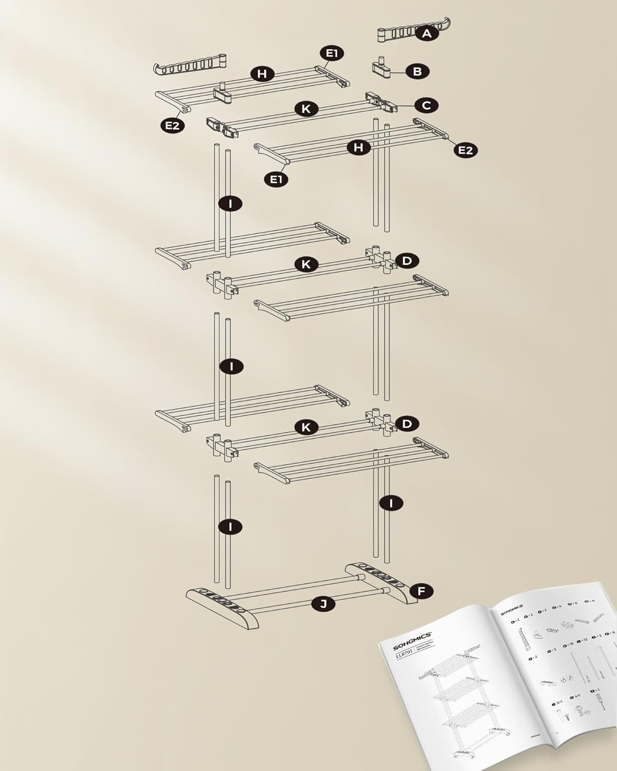 SONGMICS Uscator de rufe pliabil 4 niveluri, cu aripi laterale si roti, otel inoxidabil, 126x64x172 cm, alb 4 SONGMICS Uscator de rufe pliabil 4 niveluri, cu aripi laterale si roti, otel inoxidabil, 126x64x172 cm, alb - imagine 4