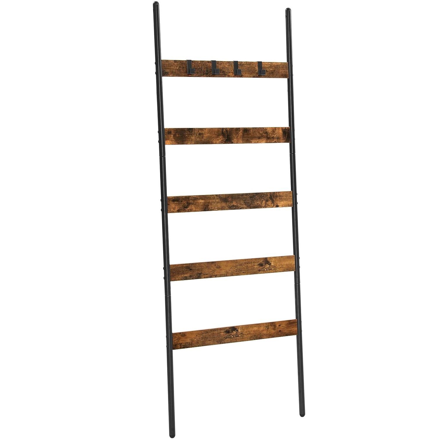 VASAGLE Cuier baie tip scara inclinata, cadru din otel cu 5 nivele, agatatori detasabile, 65x178cm, maro rustic si negru 1 VASAGLE Cuier baie tip scara inclinata, cadru din otel cu 5 nivele, agatatori detasabile, 65x178cm, maro rustic si negru
