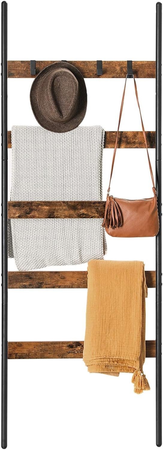 VASAGLE Cuier baie tip scara inclinata, cadru din otel cu 5 nivele, agatatori detasabile, 65x178cm, maro rustic si negru 4 VASAGLE Cuier baie tip scara inclinata, cadru din otel cu 5 nivele, agatatori detasabile, 65x178cm, maro rustic si negru - imagine 4