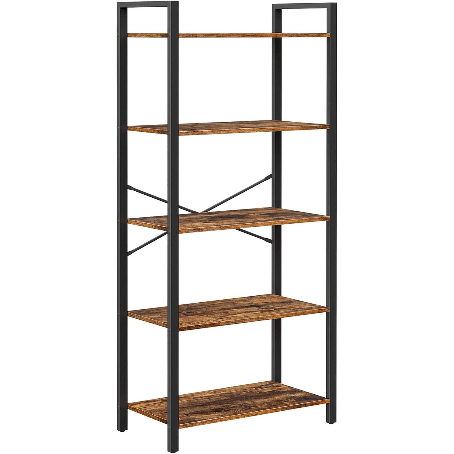 VASAGLE Biblioteca cu 5 etaje din lemn, cadru otel, stil industrial, 30x66x153cm, maro rustic si negru