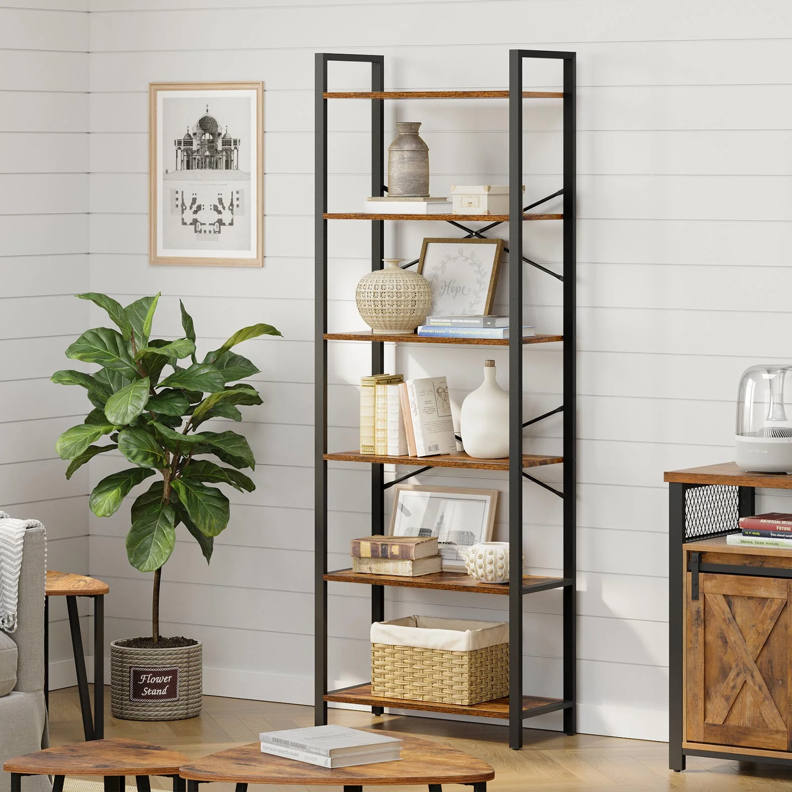 vasagle biblioteca cu cadru otel si 6 polite, stil industrial, 66x30x186cm, maro rustic si negru 3 VASAGLE Biblioteca cu cadru otel si 6 polite, stil industrial, 66x30x186cm, maro rustic si negru - imagine 3