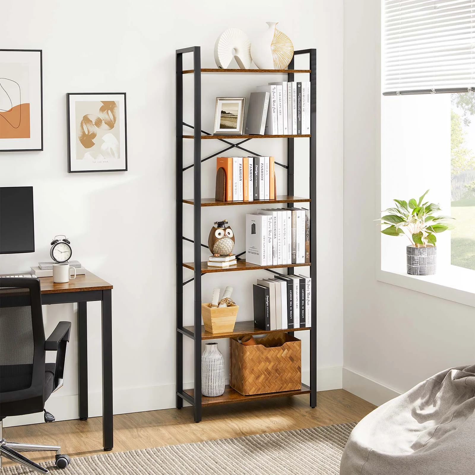 vasagle biblioteca cu cadru otel si 6 polite, stil industrial, 66x30x186cm, maro rustic si negru 4 VASAGLE Biblioteca cu cadru otel si 6 polite, stil industrial, 66x30x186cm, maro rustic si negru - imagine 4