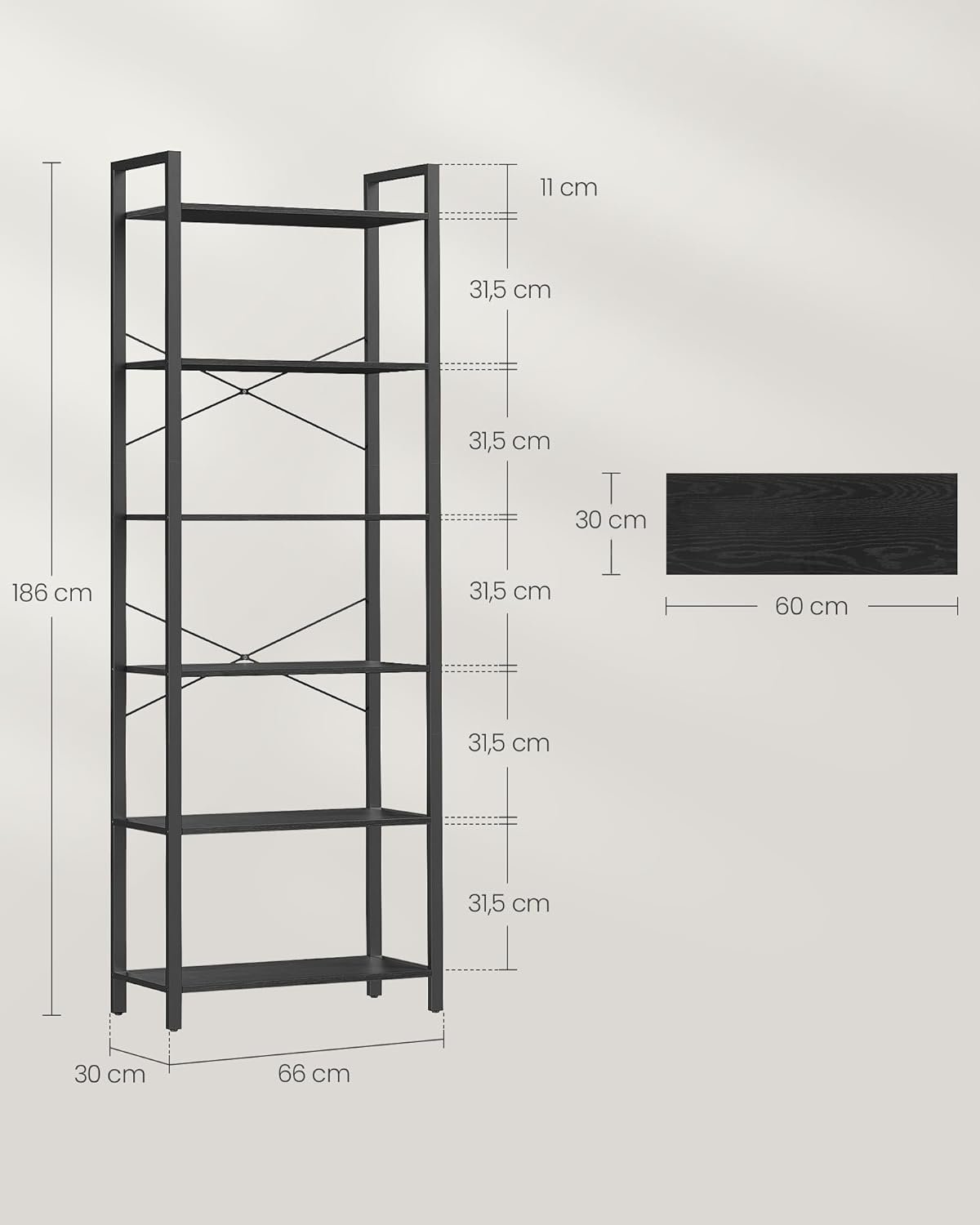 vasagle biblioteca 6 niveluri, cu cadru metalic si rafturi pal, 66x30x186 cm, negru 2 VASAGLE Biblioteca 6 niveluri, cu cadru metalic si rafturi PAL, 66x30x186 cm, negru - imagine 2
