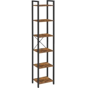 VASAGLE Raft cu 6 etaje, tip biblioteca, cadru metal si polite lemn, 30x40x187cm, industrial, maro rustic si negru