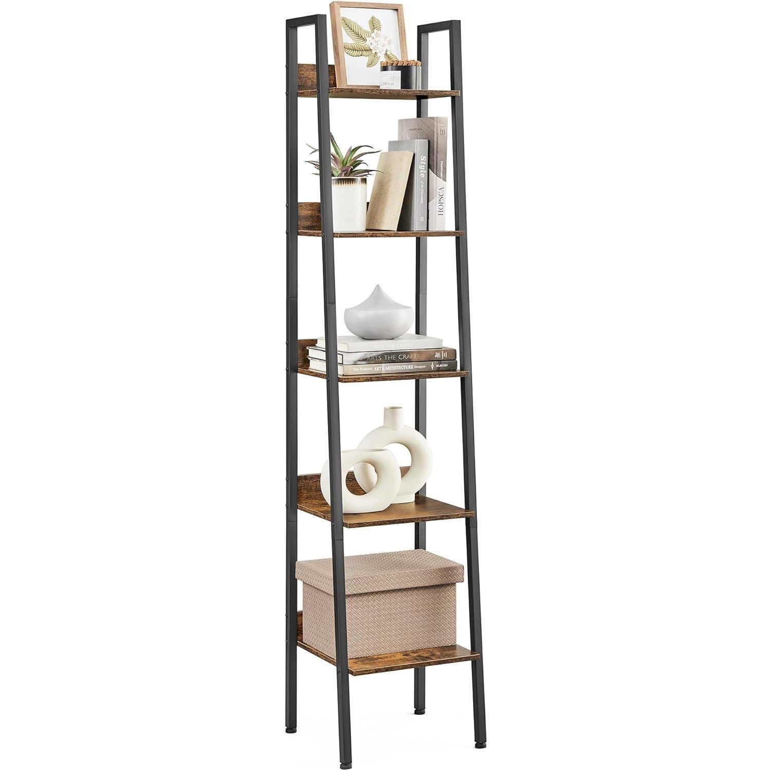 vasagle biblioteca tip scara cu 5 rafturi, design industrial, cadru metalic si rafturi din pal, 34x30x170 cm, maro rustic 1 VASAGLE Biblioteca tip scara cu 5 rafturi, design industrial, cadru metalic si rafturi din PAL, 34x30x170 cm, maro rustic
