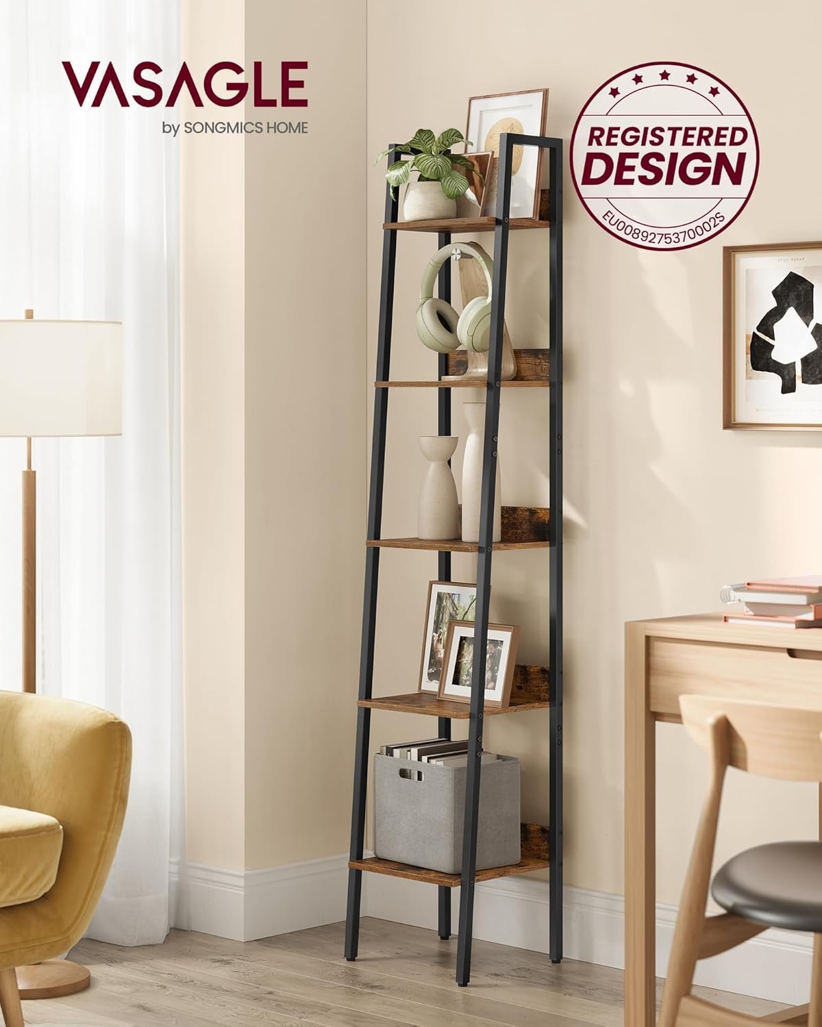 vasagle biblioteca tip scara cu 5 rafturi, design industrial, cadru metalic si rafturi din pal, 34x30x170 cm, maro rustic 2 VASAGLE Biblioteca tip scara cu 5 rafturi, design industrial, cadru metalic si rafturi din PAL, 34x30x170 cm, maro rustic - imagine 2