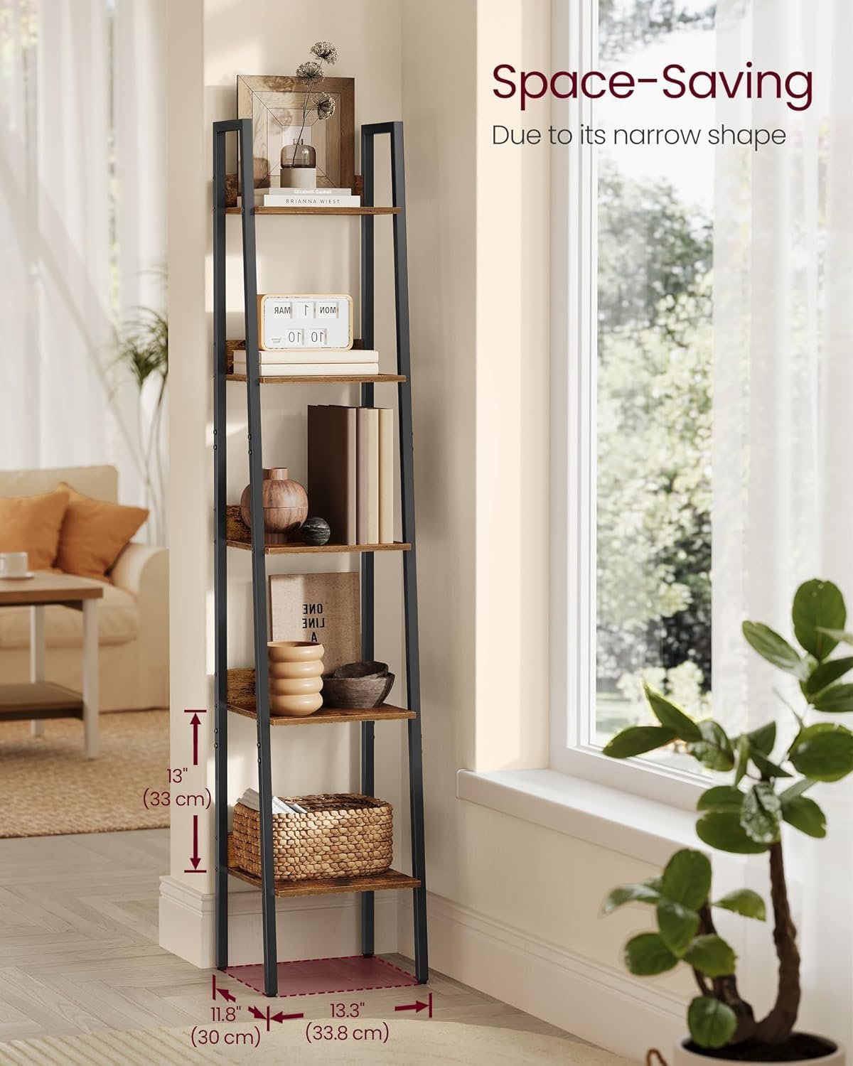 vasagle biblioteca tip scara cu 5 rafturi, design industrial, cadru metalic si rafturi din pal, 34x30x170 cm, maro rustic 3 VASAGLE Biblioteca tip scara cu 5 rafturi, design industrial, cadru metalic si rafturi din PAL, 34x30x170 cm, maro rustic - imagine 3