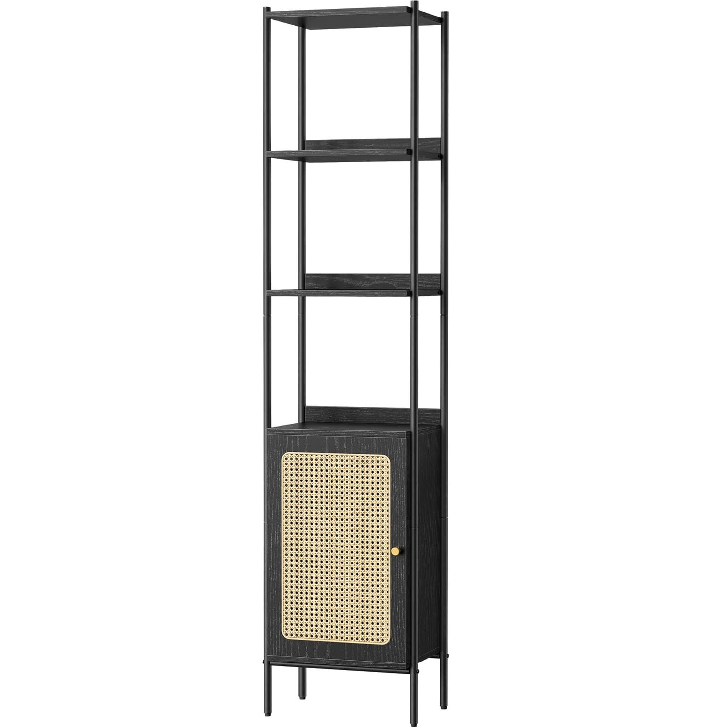 VASAGLE Biblioteca cu 6 etaje, cadru metalic, usa cu efect ratan Boho, 30x40x175 cm, negru