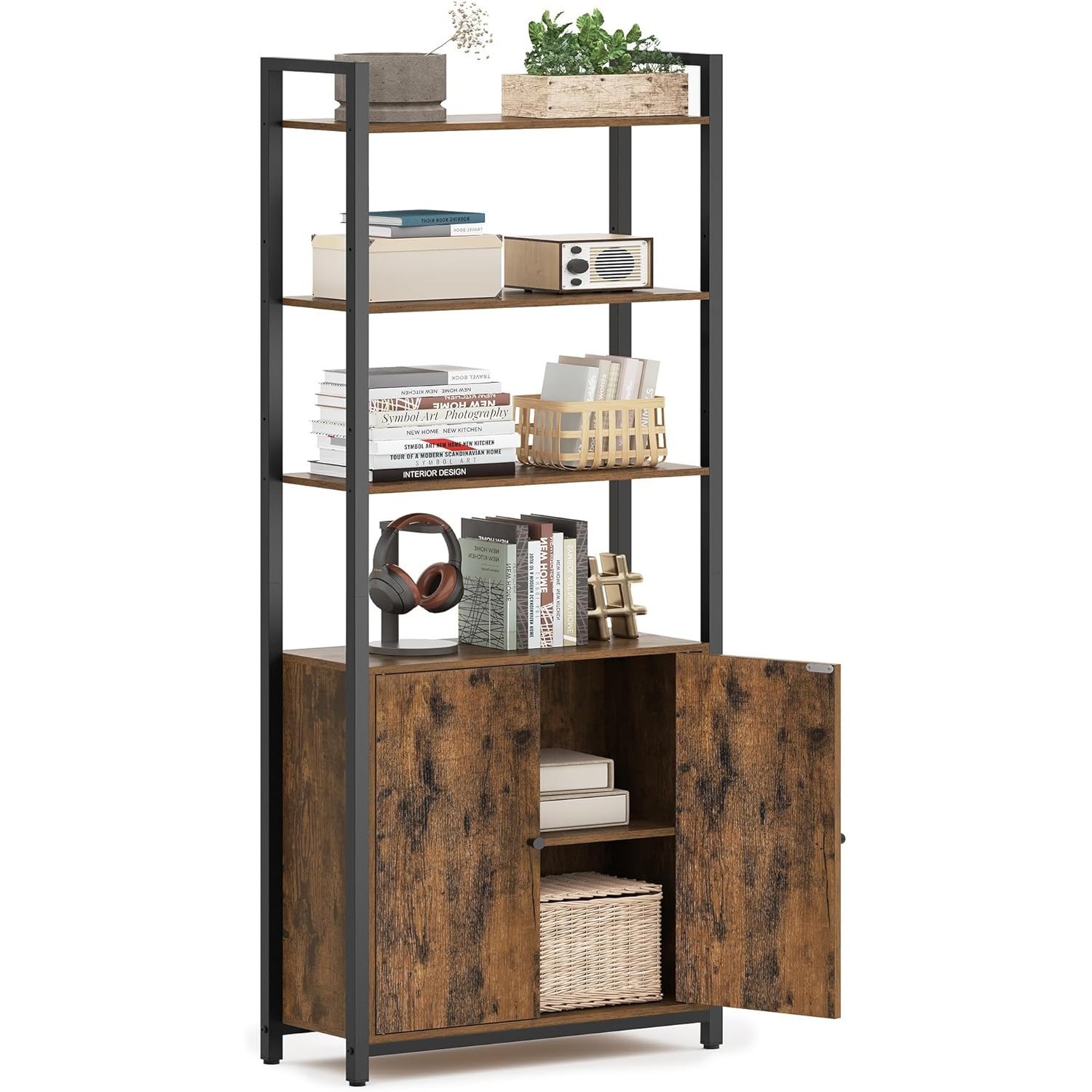 vasagle biblioteca cu rafturi deschise si dulap integrat, cadru metalic si pal, 24x60x160 cm, maro rustic 1 VASAGLE Biblioteca cu rafturi deschise si dulap integrat, cadru metalic si PAL, 24x60x160 cm, maro rustic