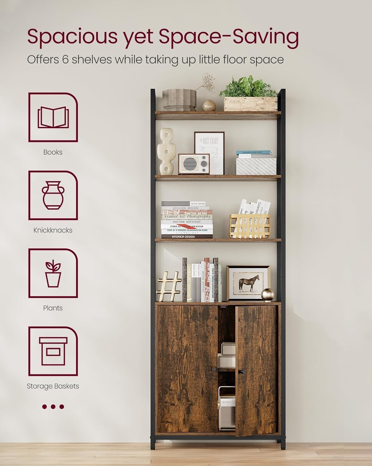vasagle biblioteca cu rafturi deschise si dulap integrat, cadru metalic si pal, 24x60x160 cm, maro rustic 2 VASAGLE Biblioteca cu rafturi deschise si dulap integrat, cadru metalic si PAL, 24x60x160 cm, maro rustic - imagine 2